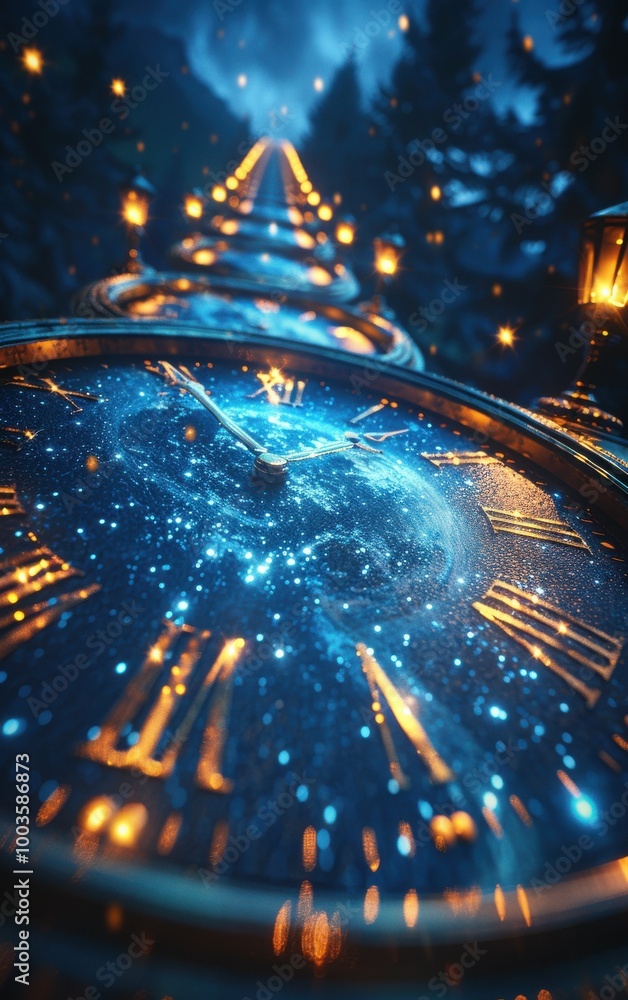 Poster a clock with roman numerals showing the time as 10:30. the clock is surrounded by a blue and yellow 