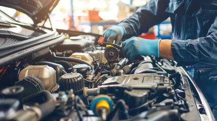 Mechanic inspecting engine with tools scattered around, symbolizing vehicle malfunction and repair process.