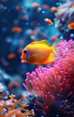 Obraz premium A yellow fish is swimming in a coral reef. The fish is surrounded by pink and orange coral