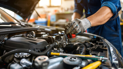 Fototapeta premium Mechanic inspecting engine with tools scattered around, symbolizing vehicle malfunction and repair process.