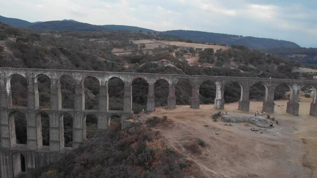 Aerial view of the arches of the site in Tepotzotlan, State of Mexico. Concept of nature and colonial architecture