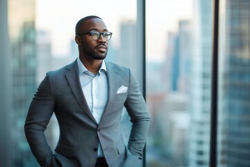 Confident businessman in modern office with city view.