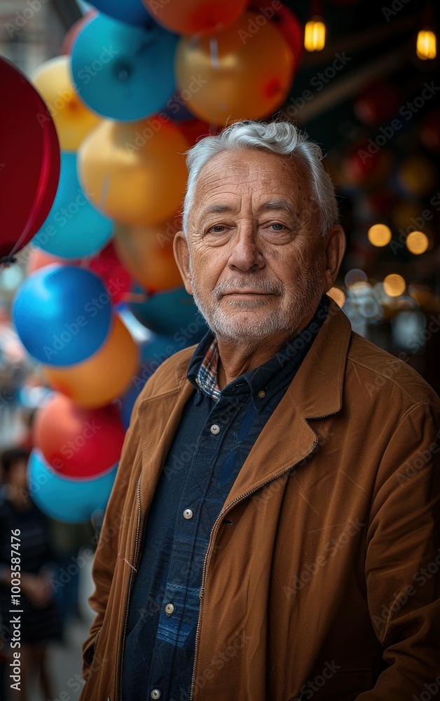 Poster a man in a brown jacket stands in front of a bunch of balloons. he is smiling and looking at the cam