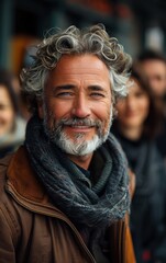 Fototapeta premium A man with a beard and gray hair is smiling and wearing a scarf. He is surrounded by other people, some of whom are smiling as well. Scene is cheerful and friendly, with everyone looking happy