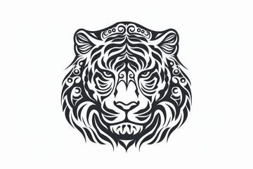 Fototapeta premium A striking black and white tribal tiger head design featuring intricate patterns and symmetrical lines, perfect for tattoos, logos, and artistic projects.