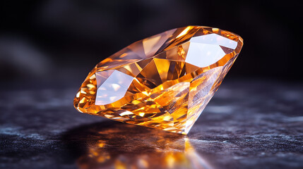 Radiant orange gemstone glistening on a dark surface, highlighting its facets and brilliance in natural light