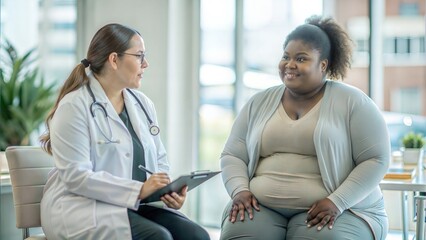 Overweight black woman talking to doctor in medical clinic