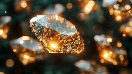 Fototapeta premium Brilliantly sparkling diamonds floating against a blurred background, catching light and illuminating the space around them
