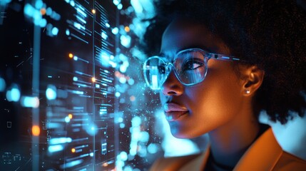 attractive young african american woman with graphical interface at work in the office
