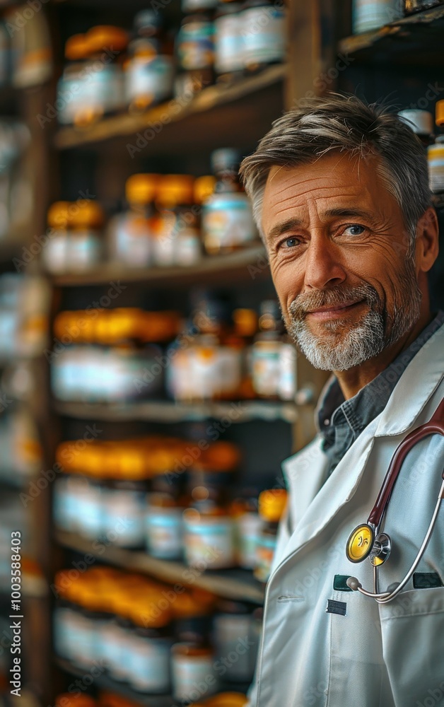 Poster a man in a white lab coat stands in front of a shelf of medicine bottles. he is smiling and he is ha