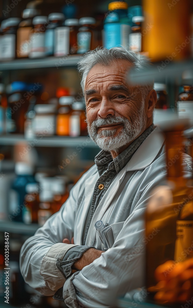 Poster a man in a white lab coat stands in front of a shelf of bottles. he is smiling and he is proud of hi