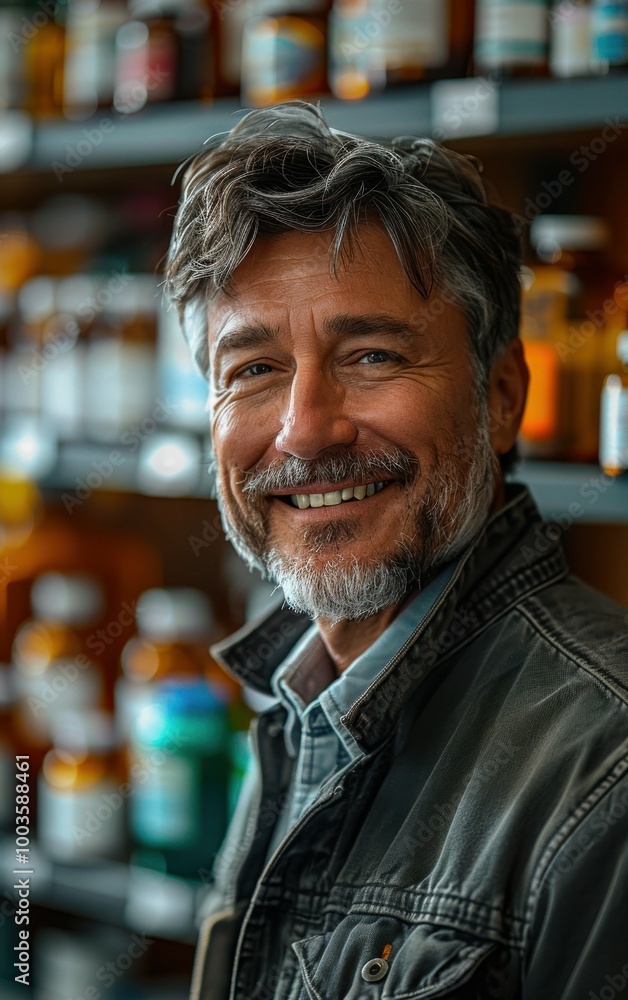 Poster a man with a beard and gray hair is smiling and standing in front of a shelf of bottles