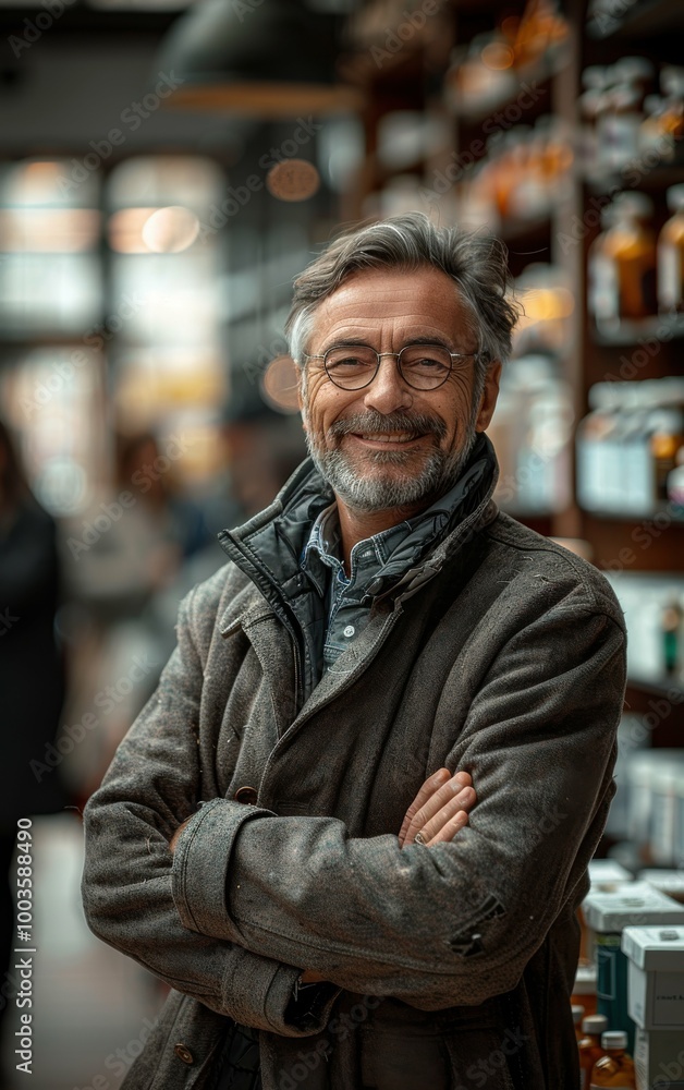 Poster a man with glasses and a gray beard is smiling and posing for a picture. he is wearing a brown coat 