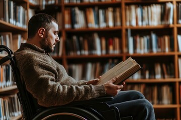 Man reading a book in a library, sitting in a wheelchair, focused on the pages.