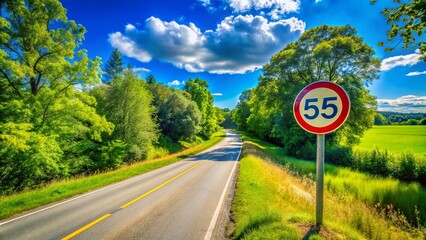 Speed Limit Sign Indicating 55mph on a Rural Road Surrounded by Lush Greenery and Blue Sky