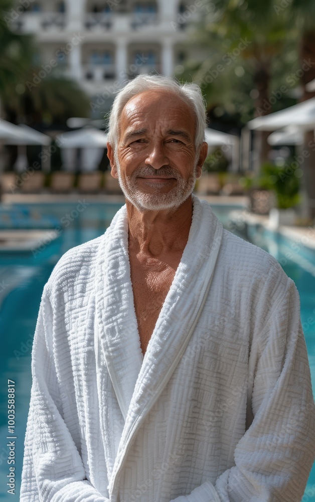 Poster a man in a white robe is smiling at the camera. he is standing in front of a pool