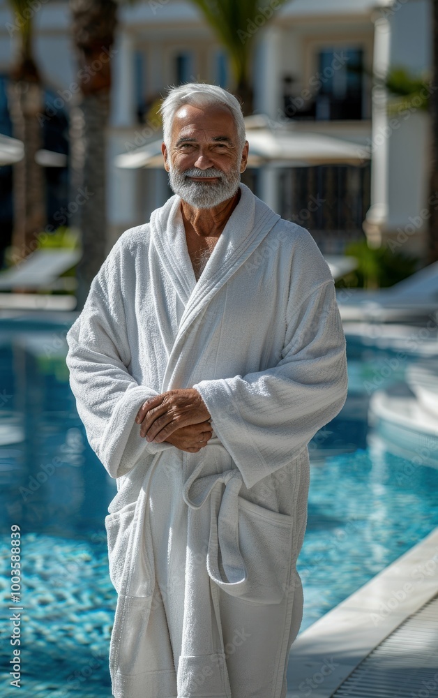 Poster a man in a white robe stands in front of a pool. he is smiling and he is enjoying his time
