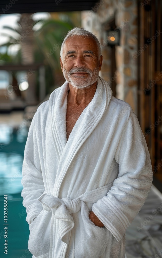 Poster a man in a white robe stands in front of a pool. he is smiling and he is enjoying himself