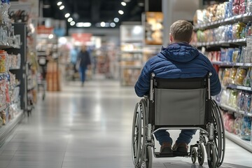Obraz premium Person in wheelchair navigating store aisle, indoor setting.