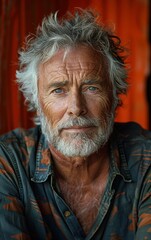 A man with a beard and white hair is wearing a green shirt. He has a serious expression on his face