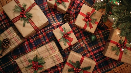 A group of presents are arranged on a plaid blanket, with some of them having red bows on them