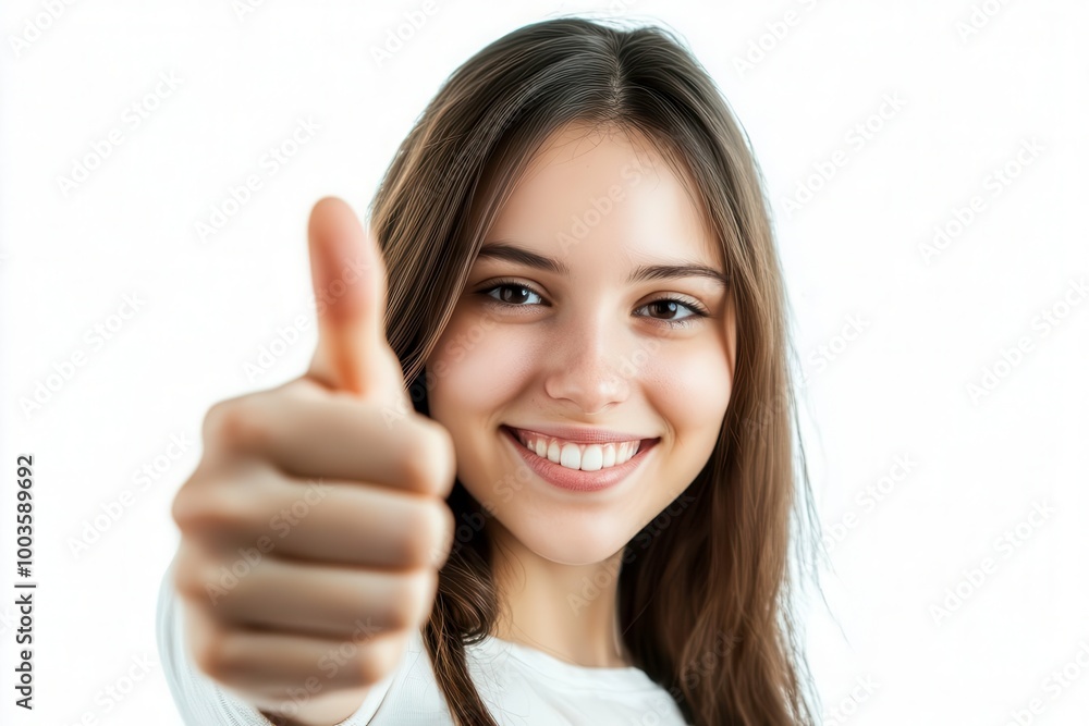 Wall mural smiling woman showing thumbs up, white isolated background