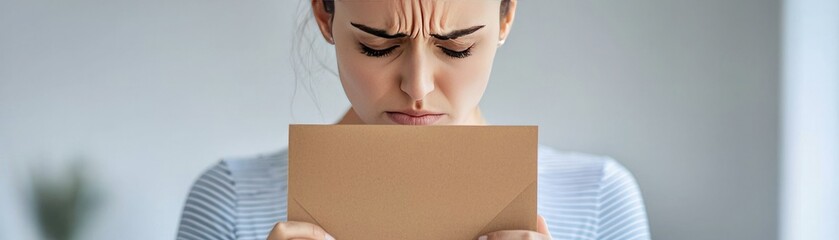 A worried woman examines a letter, displaying a range of emotions in a candid moment of concern and curiosity.