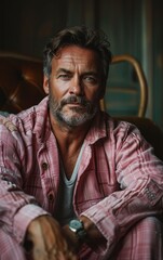 Obraz premium A man in a pink shirt sits on a couch. He is wearing a watch and has a beard