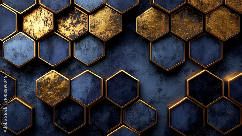 Poster geometric design featuring hexagonal patterns in gold and dark blue tones with a textured backdrop