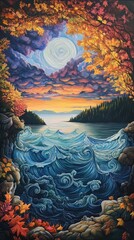 Vibrant Autumn Landscape with Dramatic Waves and Colorful Sky at Sunset
