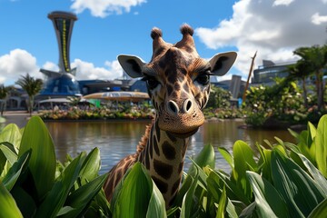 Obraz premium Futuristic urban wildlife park, where advanced technology blends with nature to allow animals and humans to coexist in a vibrant, green cityscape