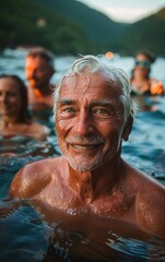 Fototapeta premium A man in a swimming pool with a group of people. He is smiling and looking at the camera