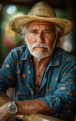 Fototapeta premium A man wearing a straw hat and a blue shirt with flowers on it. He is sitting at a table and wearing a watch
