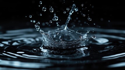 Close-up of Water Splash with Droplets in Mid-Air Against a Dark Background Capturing the Beauty of Fluid Motion