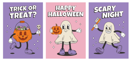 Halloween posters set. Cute creepy, scary groovy characters. Cartoon retro style postcard, flyer, banner.