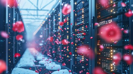 Obraz premium A futuristic, snow-covered data center with glowing servers and advanced cooling systems, showered by red rose petals symbolizing the harmony of nature and technology