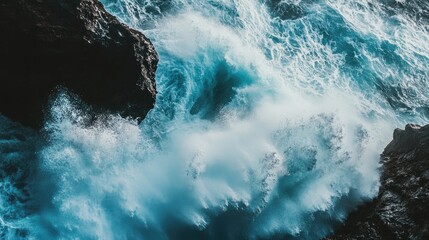 Fototapeta premium Powerful Ocean Waves Crashing Against Rocky Cliffs in a Dynamic Seascape