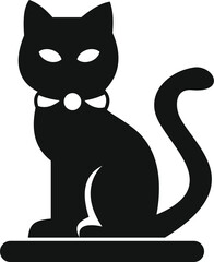 This vector illustration features a sleek black cat with a collar, gracefully sitting