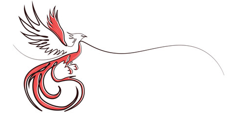 line art drawing of flying phoenix bird.single line vector illustration of red color phoenix bird.line art vector illustration.isolated white background