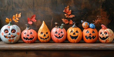 Handcrafted plaster pumpkins assortment for autumnal seasonal celebrations backdrop
