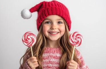 Happy cute girl in Christmas hat holding lollipops, smiling and isolated on white background