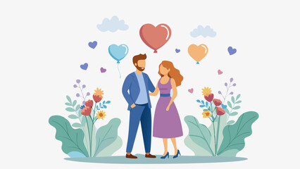 Romantic Cartoon Couple Standing in a Garden Surrounded by Hearts for Valentine's Day