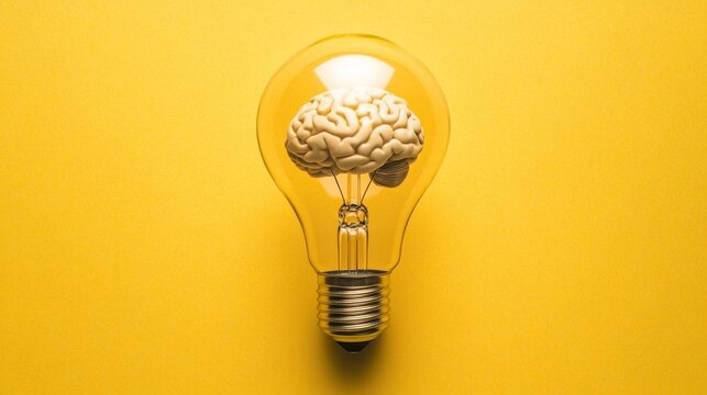 Light bulb with brain inside on yellow background symbolizes innovation and power of ideas