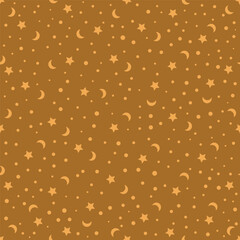 Seamless pattern with stars, moon and dots on orange background, magical ornament for cards, Vector illustration. 