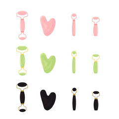 Guasha massage scraping. Roller for Face and Gua Sha Massage. Pink rose, green and black quartz stone roller and Scraping Plate Kit. Anti-Aging Beauty Skincare Tool. Vector illustration.
