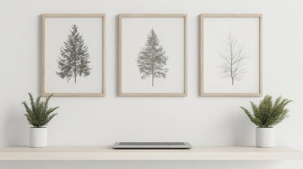Three framed pictures of trees on a shelf