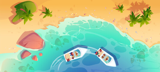Sea water and beach shore top view cartoon background. Aerial summer ocean island design with children on boat. Beautiful sand coat topview wallpaper. Abstract sandy surface in clear lagoon nature © klyaksun