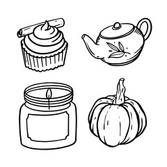 Cozy Autumn Items Delicious Cupcake, Beautiful Teapot, Scented Candle, and Festive Pumpkin