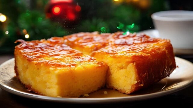 Delicious cornbread squares on a plate, perfect for a festive holiday meal. Enjoy the sweet treat by a christmas tree with twinkling lights. Rustic table adds to the cozy atmosphere