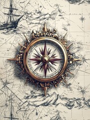 Fototapeta premium Vintage Compass on Antique Navigation Map with Nautical Concept